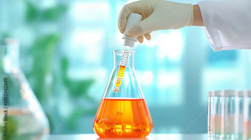 Poster scientist using dropper to transfer liquid into a flask in a bright lab during the day