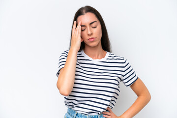 Young caucasian woman isolated on white background with headache