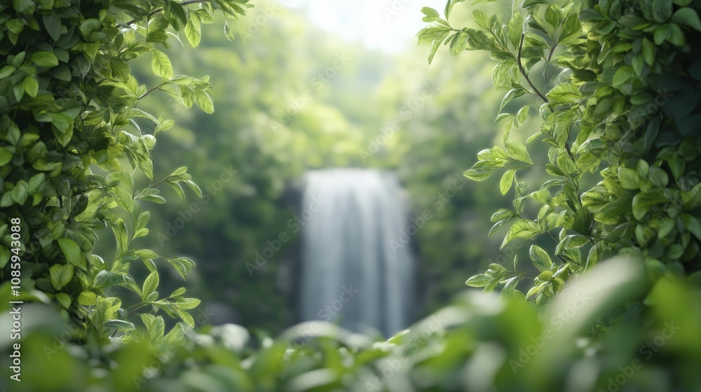 Sticker Cascading waterfall, surrounded by vibrant foliage, serene woodland retreat, whimsical 3D animation.