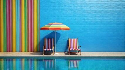 Colorful striped pool chairs and umbrella against a tilted angle blue wall
