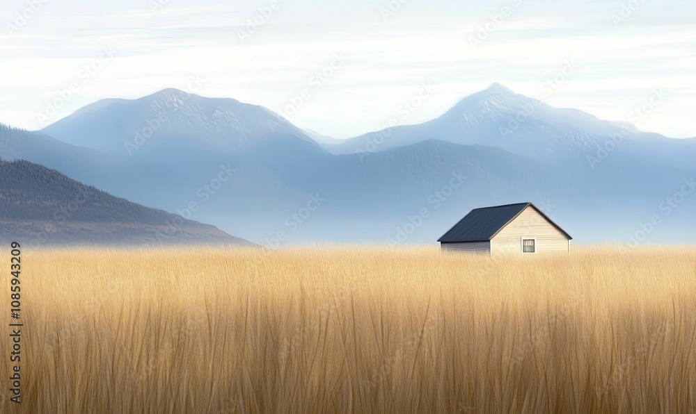 Poster Charming countryside retreat surrounded by swaying grasses and rolling hills. Digital painting with gentle curves and soft colors for tranquil mood.