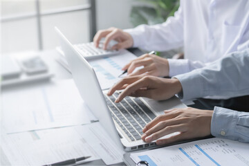 Investor calculating profits on stock market exchange.Investment planing and strategy concept,...