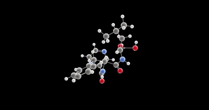 Bortezomib molecule, rotating 3D model of velcade, looped video on a black background