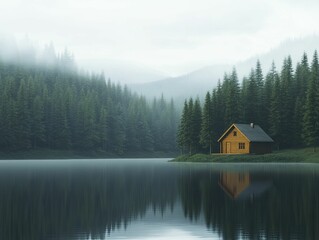 Obraz premium Cozy cabin, nestled among towering pine trees with a peaceful lake, idyllic nature retreat, vibrant 3D rendering.