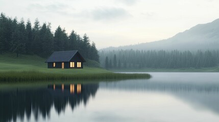 Obraz premium Charming cottage beside tranquil lake, minimalist aesthetic, gentle shapes, soft hues, digital rendering.