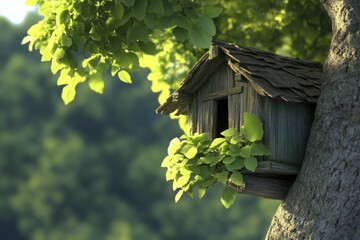 Charming treehouse nestled among lush greenery, enchanting forest backdrop, whimsical 3D animation scene.