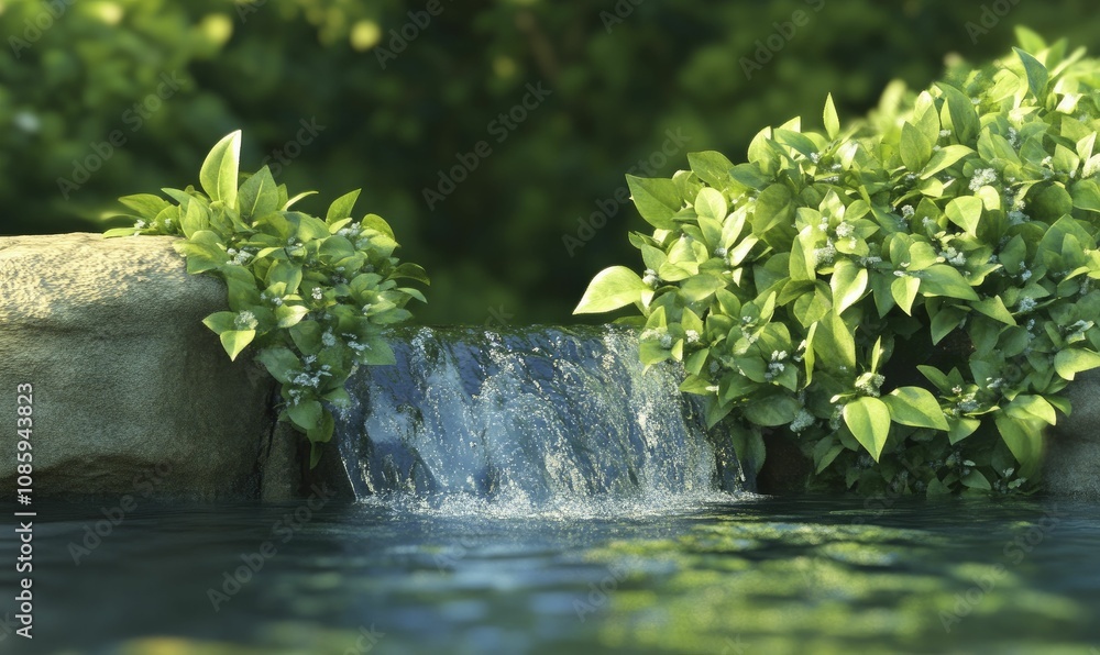 Sticker Hidden waterfall, flowing water and vibrant foliage, tranquil retreat, animated landscape.