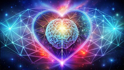 Obraz premium Illuminated Brain in Heart with Cosmic Geometry