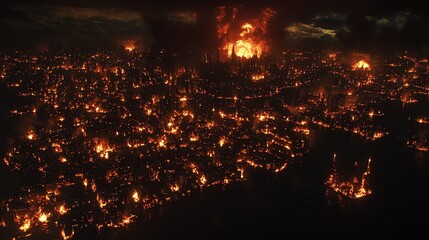 Fototapeta premium Aerial view of cityscape engulfed in flames at night, creating a dramatic fiery scene.