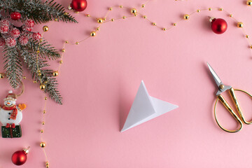 DIY a snowflake with your own hands. Step-by-step origami instructions. Step 6. Top view. flat lay