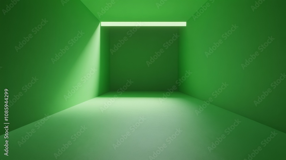 Poster a minimalist green room with soft lighting creates a serene atmosphere, emphasizing simplicity and c