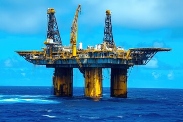 An offshore oil drilling rig stands tall against a vibrant blue sky, showcasing modern technology in marine energy extraction.