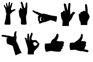 hand signs or hand gesture silhouette collection, isolated on white. Perfect hand vector for communication, design elements. Includes pointing, thumbs up, call me, and super hand signs