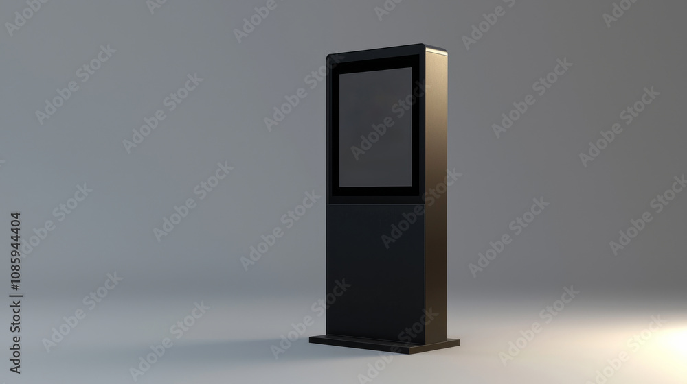 Poster a sleek, modern digital kiosk showcasing a rectangular screen in a minimalist design, suitable for v
