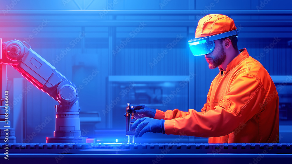 Poster worker using vr technology on an industrial assembly line in a modern factory