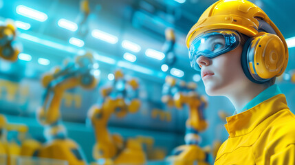 Young engineer observes robotic arms operate in a modern industrial facility during daytime