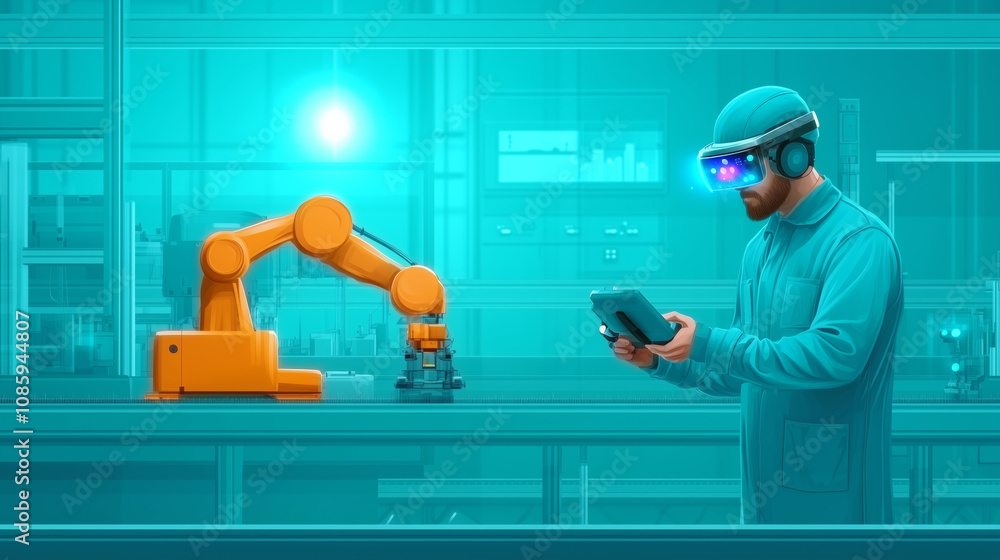 Poster engineer using virtual reality to control a robotic arm in a modern tech facility