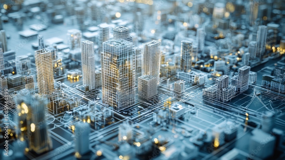 Poster a futuristic cityscape depicted with glowing skyscrapers, interconnected by intricate circuit patter