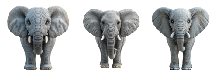 Three realistic elephant figurines isolated on a transparentbackground showcasing their details and textures in a creative display