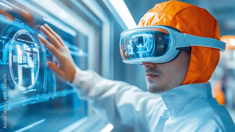 Poster a person in a virtual reality headset interacting with futuristic technology in a high-tech lab