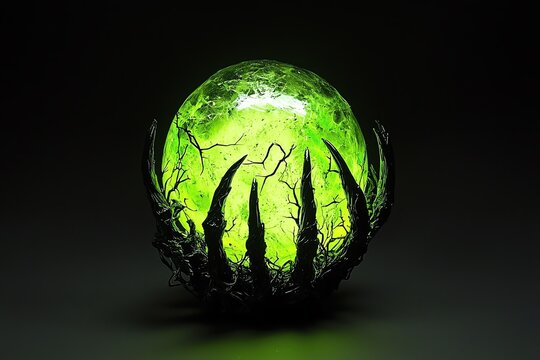 Mystical glowing green orb with dark organic tendrils on a black background.