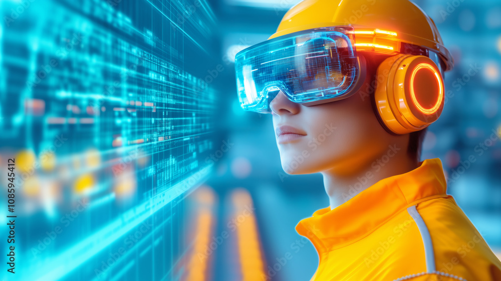 Aufkleber young person in futuristic goggles and headset interacting with digital data in a tech environment
