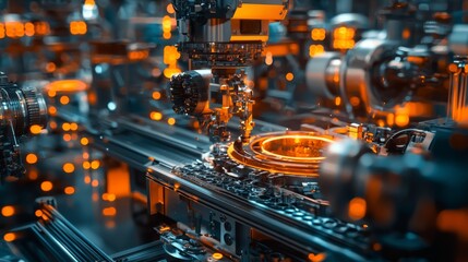 A detailed view of a high-tech manufacturing process with glowing elements, showcasing intricate machinery and advanced technology in an industrial setting.