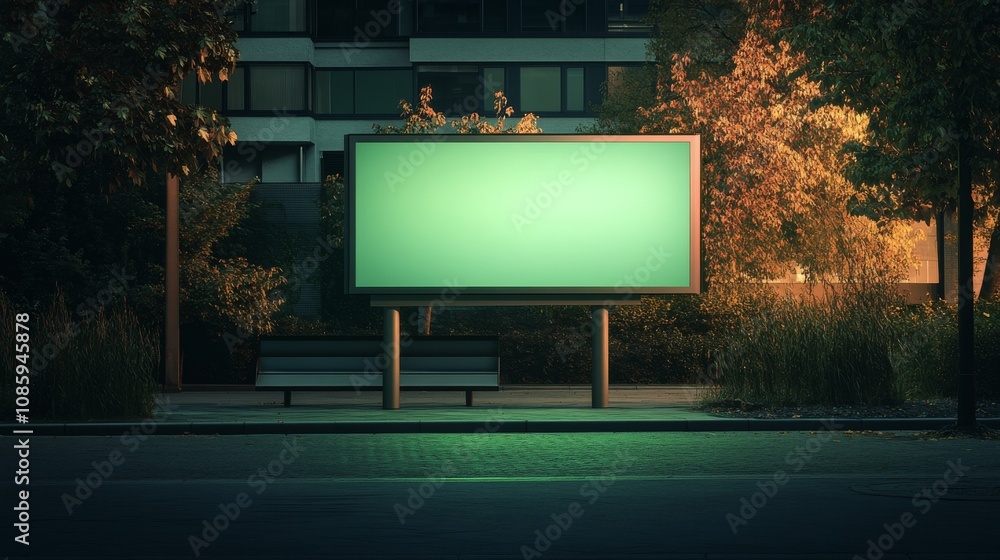 Poster a blank billboard illuminated at night, surrounded by trees and urban elements, creating a serene ye