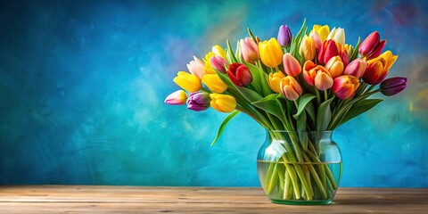 Colorful tulip bouquet in vase on blue and yellow backdrop