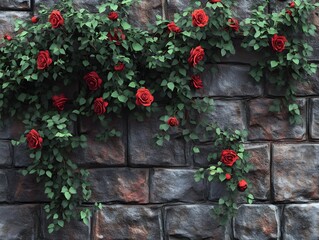 Naklejka premium Red roses climbing a stone wall.