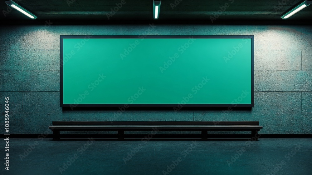 Poster a minimalist space featuring a large green screen on a textured wall, illuminated by overhead lights