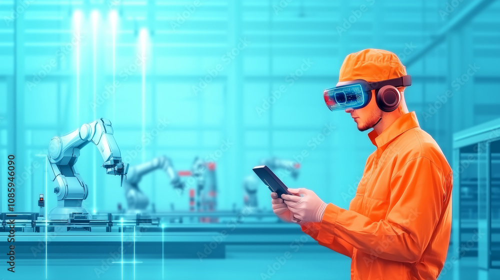 Aufkleber worker in virtual reality headset monitors robotic arms in a modern factory setting in daylight