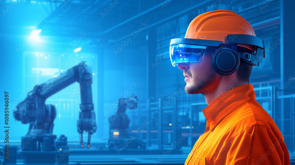 Poster worker using virtual reality headset in modern factory with robotic arms during daytime