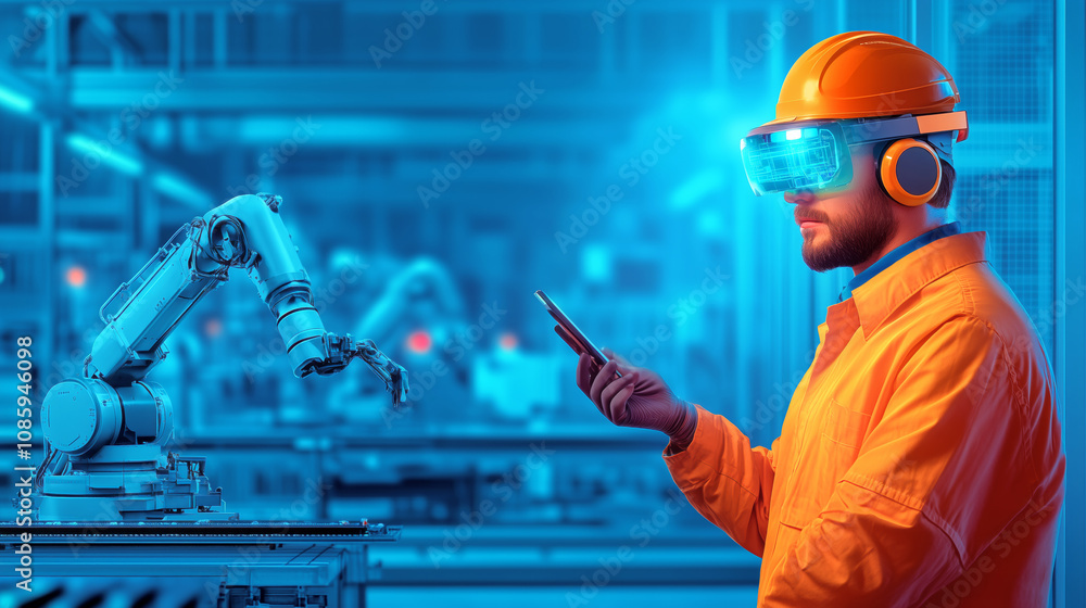 Poster a worker uses augmented reality to oversee automation in a modern factory during daylight