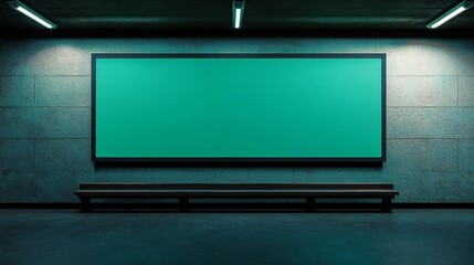 A minimalist space featuring a large green screen on a textured wall, illuminated by overhead lights, with a simple bench in front.