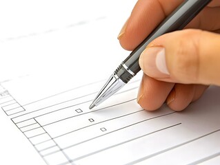 Close-up of a hand holding a pen, making notes on a paper document with checkboxes.