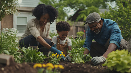 A group of family members gardening together with young and old planting flowers and sharing laughs in the backyard.