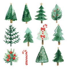 A watercolor drawing of a set of tiny Christmas trees, cute and festive, isolated on a white background. Tiny Christmas tree vector.