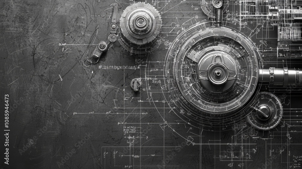 Poster a monochromatic image featuring intricate gears and mechanical components on a textured surface, evo