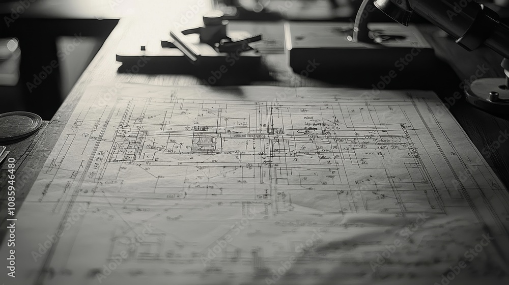 Poster a close-up of an architectural blueprint on a desk, showcasing intricate lines and details, with too