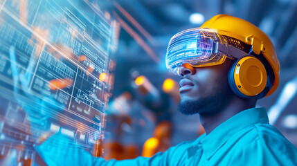 A man in virtual reality headset interacts with futuristic technology in a modern workspace