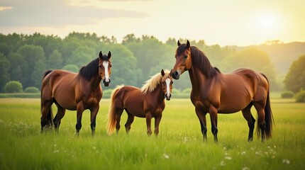 Fototapeta premium Horses grazing in a grassy field with trees in the background. Countryside, farm, nature themes