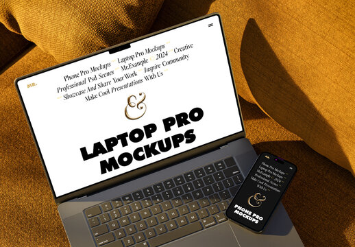 Laptop Pro & Phone Pro On Sofa Mockup