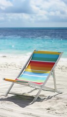 Fototapeta premium Idyllic tropical beach with colorful chair, white sand, azure sea, and essence of leisure under sun