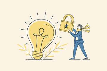 businessman securing light bulb vector illustration for idea protection and innovation.