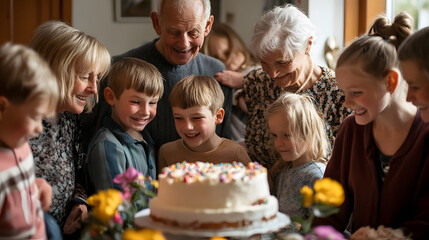 Fototapeta premium A large family gathering for a birthday celebration with grandparents and children around a cake everyone smiling.