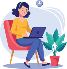 a girl is using his laptop vector