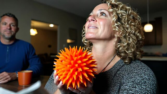 Curious exploration of spiky orange object at home by a woman and man