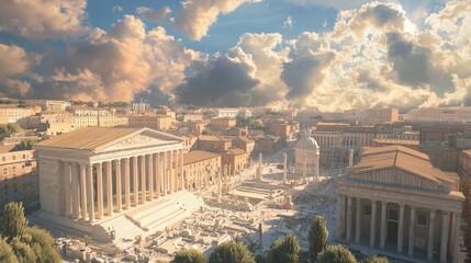 Fototapeta premium Timeless Rome: Aerial View of Forum and Pantheon Amid Modern Life with Dramatic Sky in 3D Render