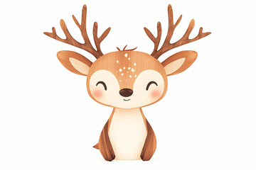 Cute cartoon deer with wooden texture and joyful expression, featuring large antlers and a friendly smile, perfect for children's themes or nature designs